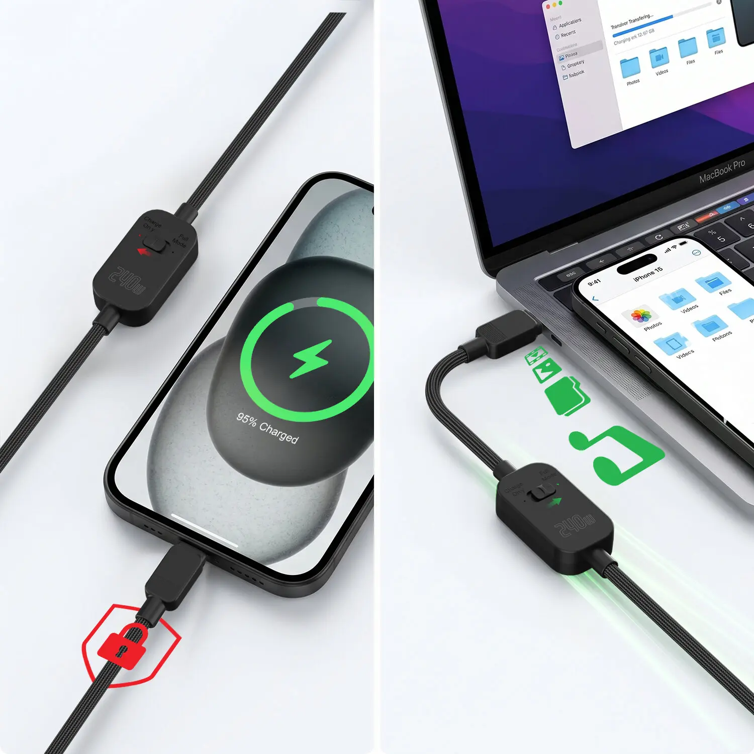 4smarts PrivacyCord USB-C naar USB-C Kabel 240W Fast Charge 1,2M Zwart afbeelding 3