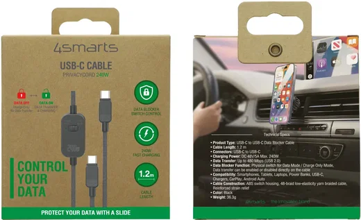 4smarts PrivacyCord USB-C naar USB-C Kabel 240W Fast Charge 1,2M Zwart afbeelding 9