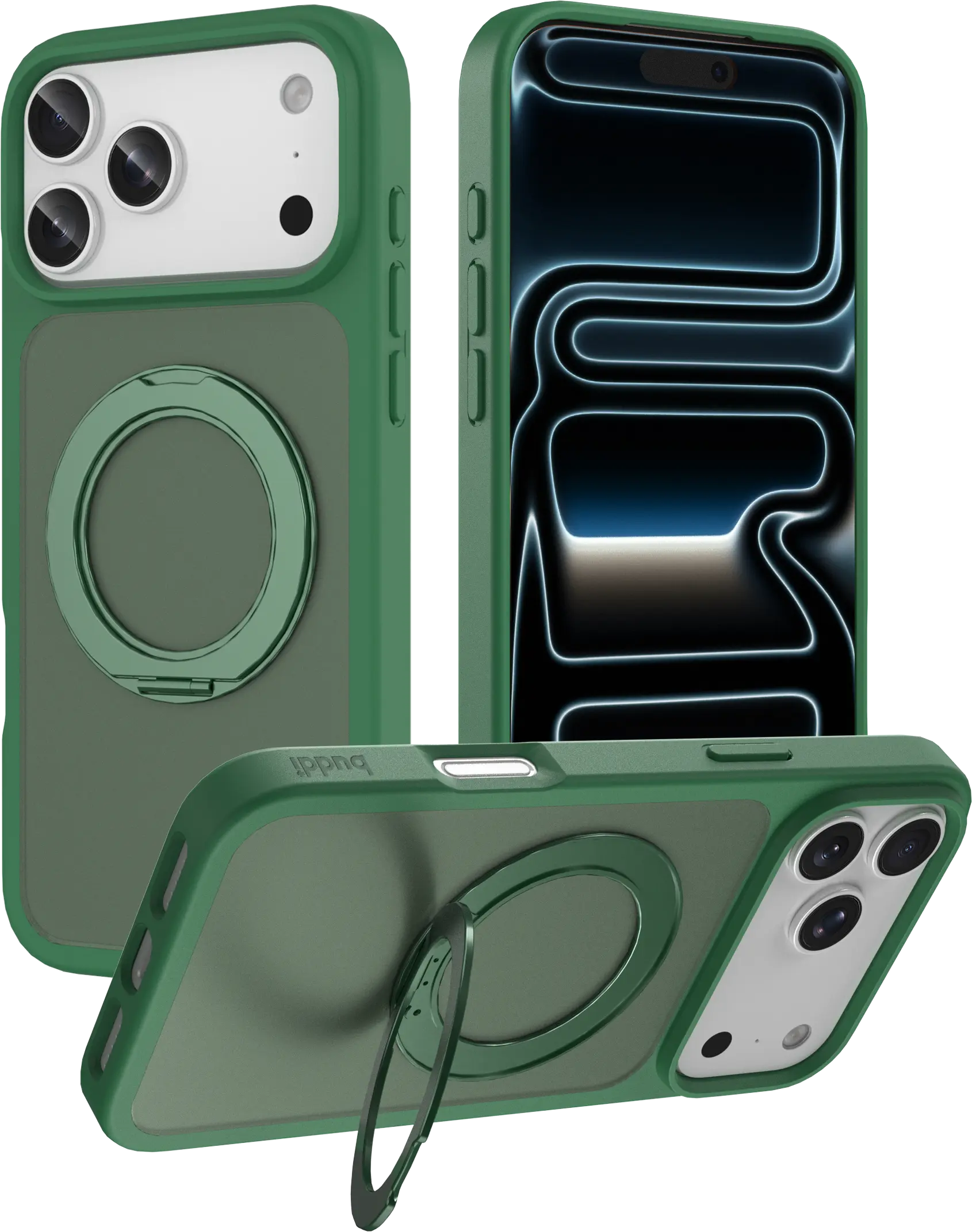 Buddi Frost Apple iPhone 18 Pro Max Hoesje MagSafe Ring Stand Matte Groen afbeelding 1