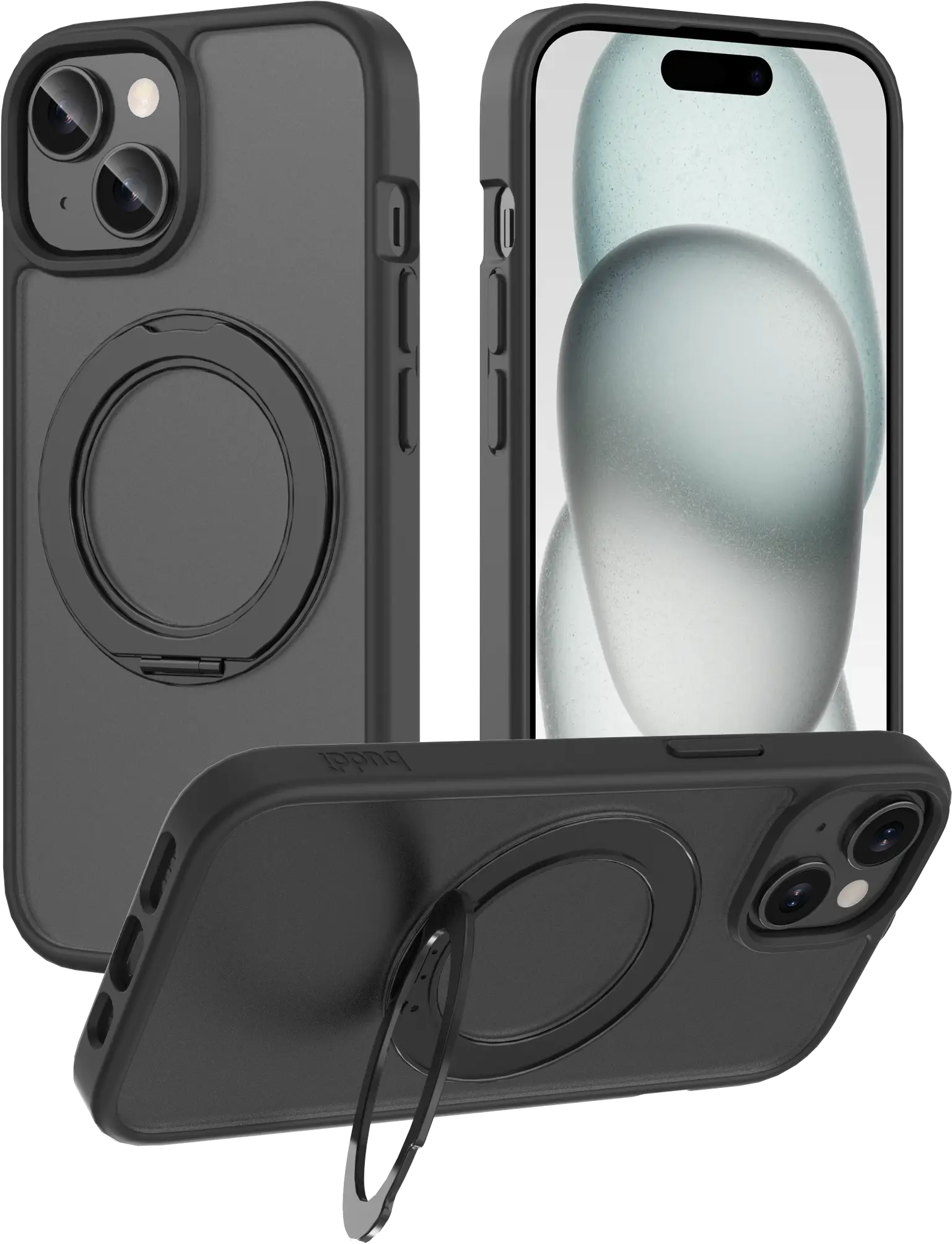 Buddi Frost iPhone 17e/16e/15/14/13 Hoesje MagSafe Ring Stand Matte Zwart afbeelding 1