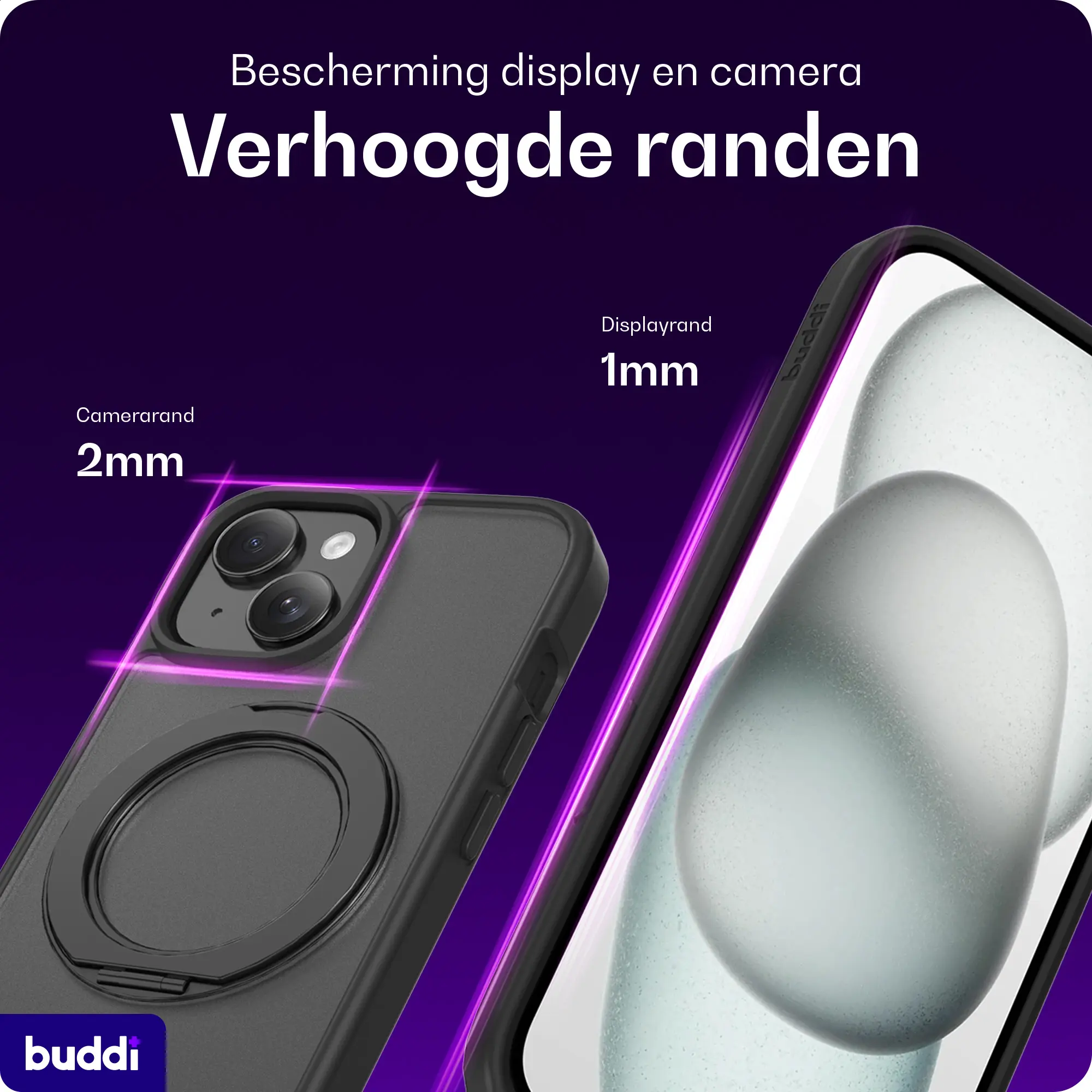 Buddi Frost iPhone 17e/16e/15/14/13 Hoesje MagSafe Ring Stand Matte Zwart afbeelding 5