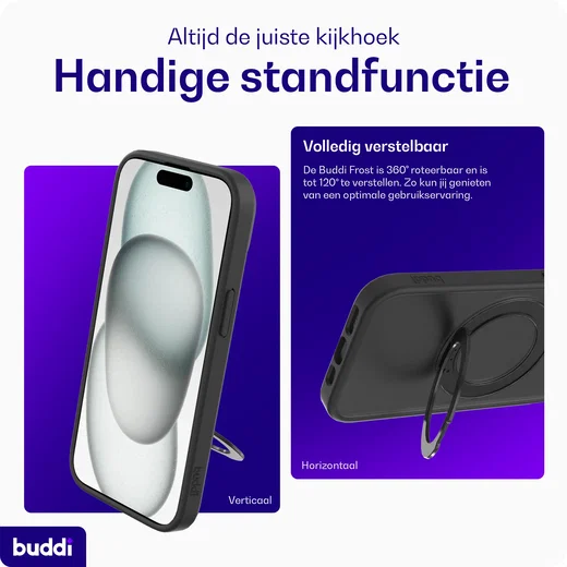 Buddi Frost iPhone 17e/16e/15/14/13 Hoesje MagSafe Ring Stand Matte Zwart afbeelding 2