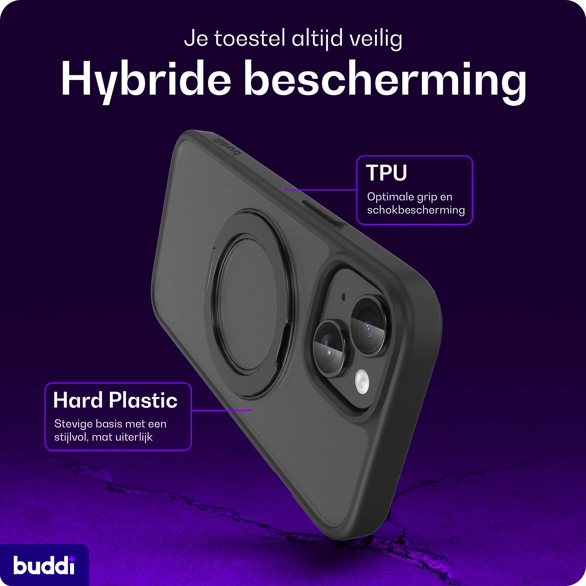 Buddi Frost iPhone 17e/16e/15/14/13 Hoesje MagSafe Ring Stand Matte Zwart afbeelding 3
