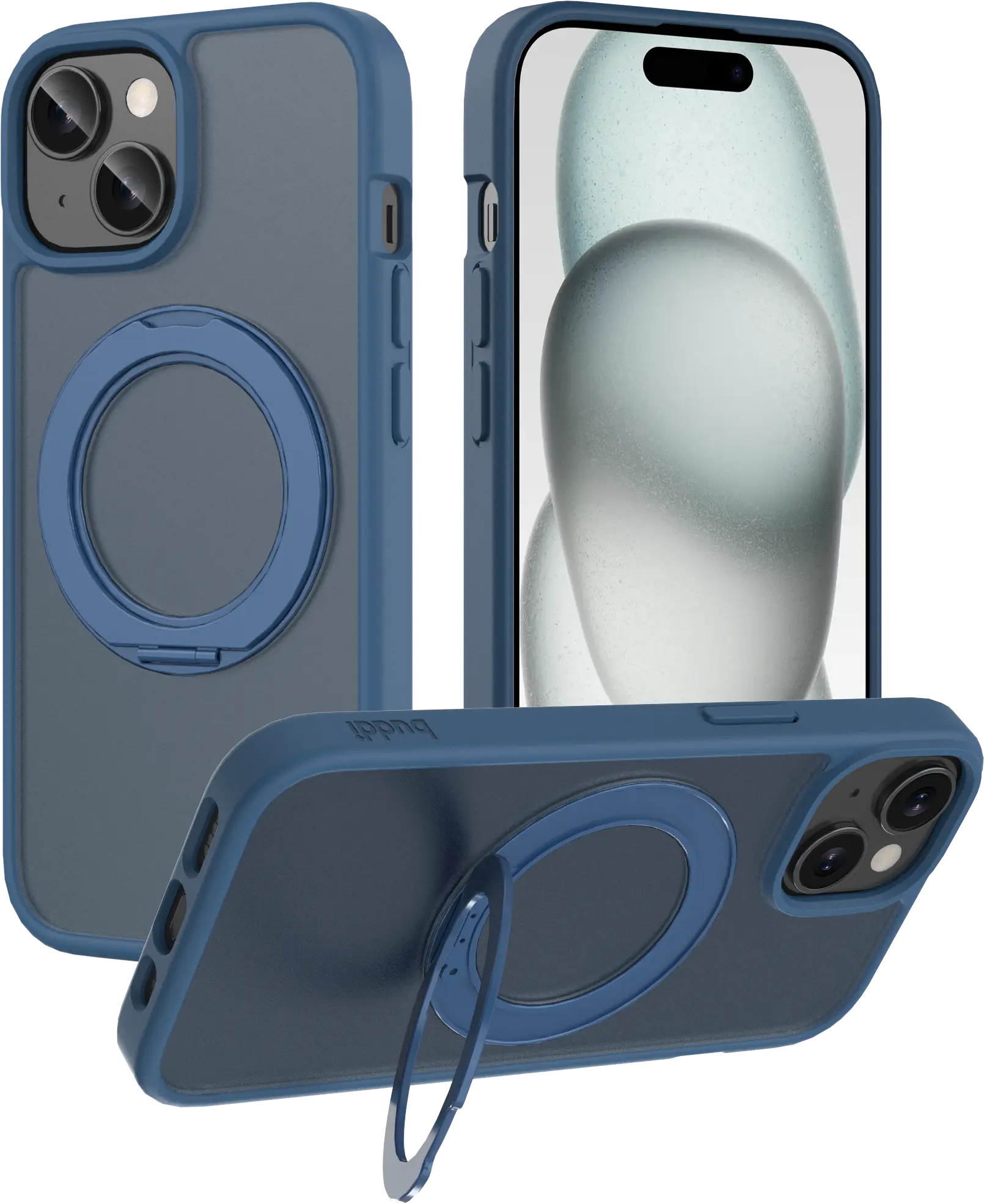 Buddi Frost iPhone 17e/16e/15/14/13 Hoesje MagSafe Ring Stand Matte Donker Blauw afbeelding 1