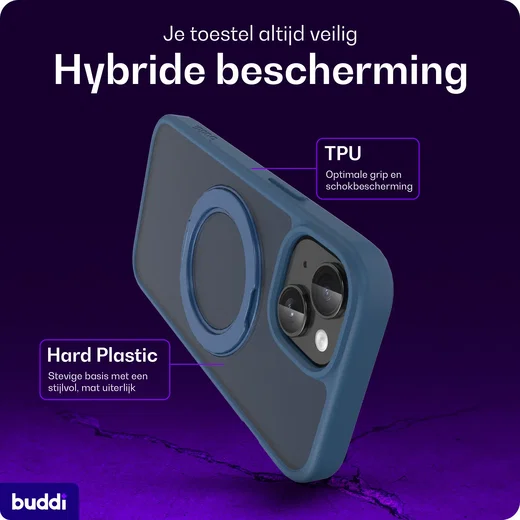 Buddi Frost iPhone 17e/16e/15/14/13 Hoesje MagSafe Ring Stand Matte Donker Blauw afbeelding 2
