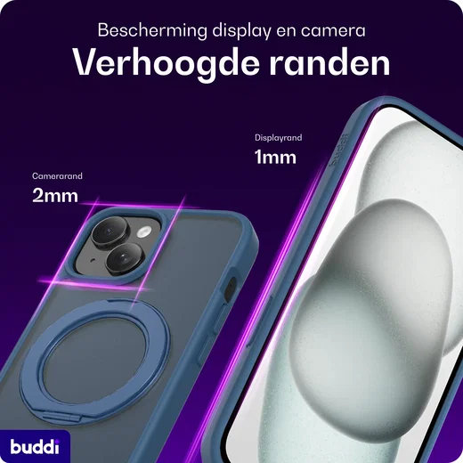 Buddi Frost iPhone 17e/16e/15/14/13 Hoesje MagSafe Ring Stand Matte Donker Blauw afbeelding 5