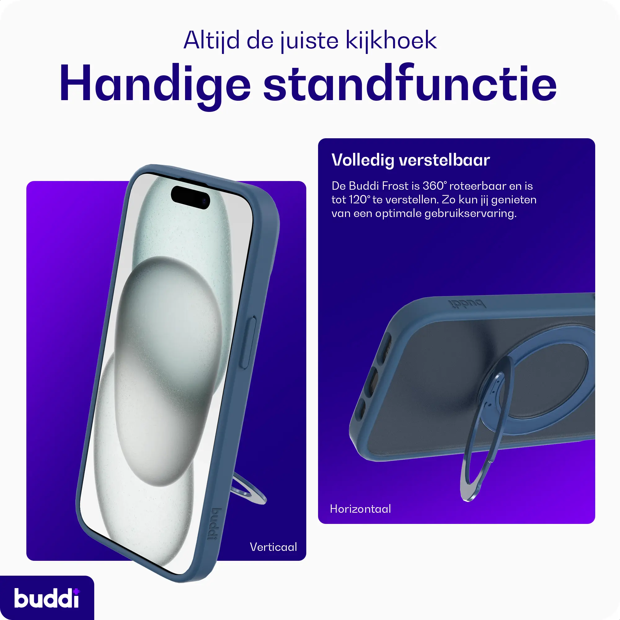 Buddi Frost iPhone 17e/16e/15/14/13 Hoesje MagSafe Ring Stand Matte Donker Blauw afbeelding 3