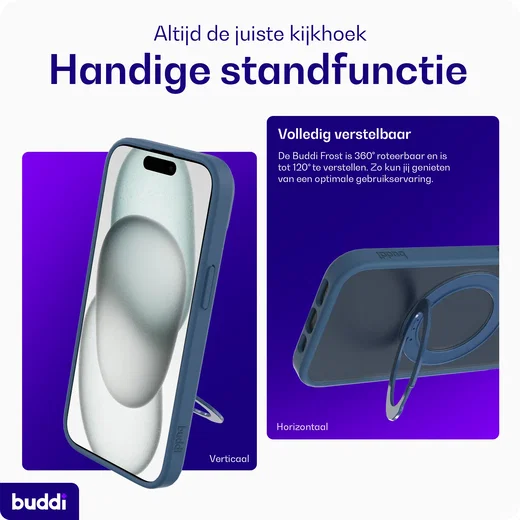 Buddi Frost iPhone 17e/16e/15/14/13 Hoesje MagSafe Ring Stand Matte Donker Blauw afbeelding 3