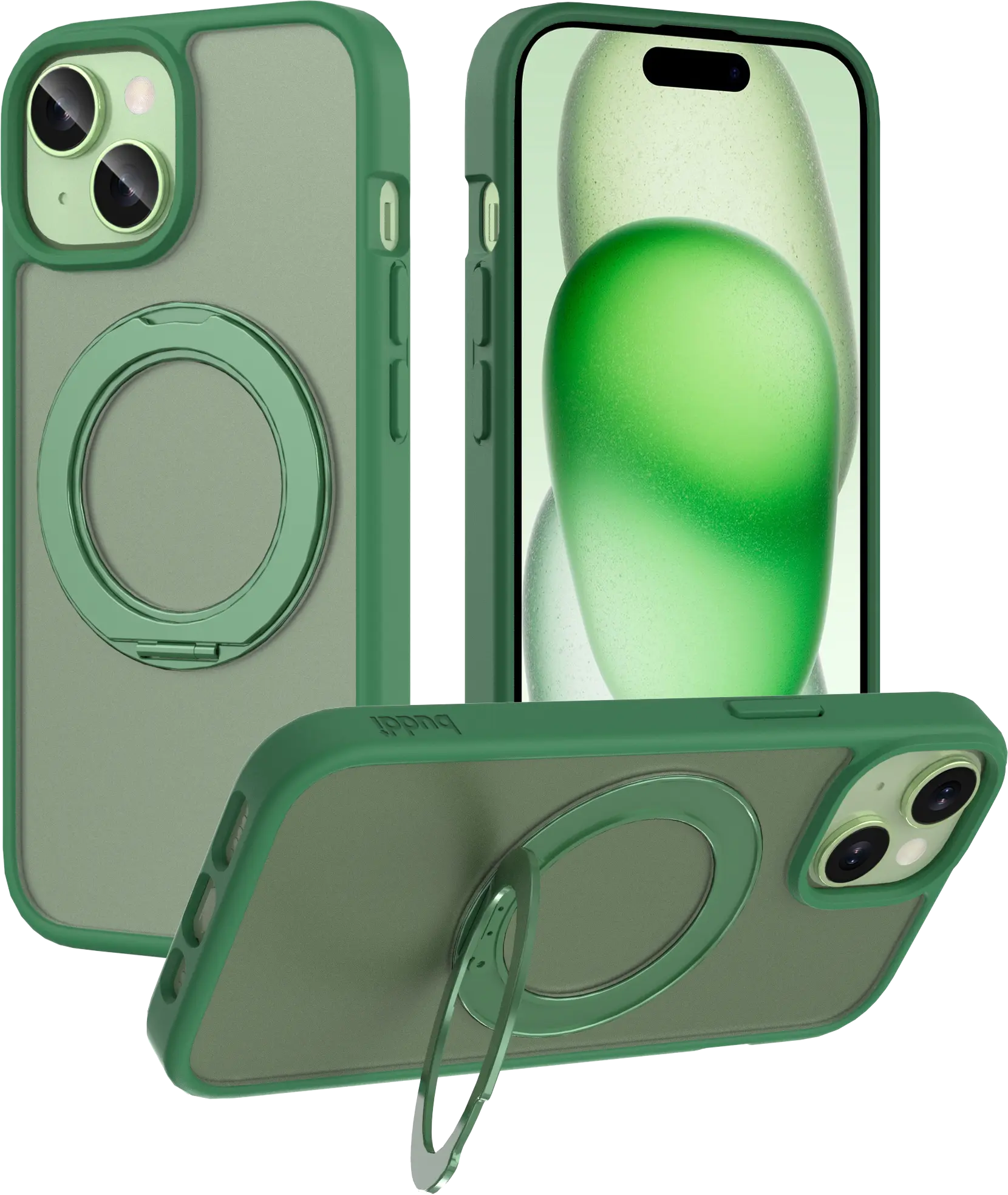 Buddi Frost iPhone 17e/16e/15/14/13 Hoesje MagSafe Ring Stand Matte Groen afbeelding 1