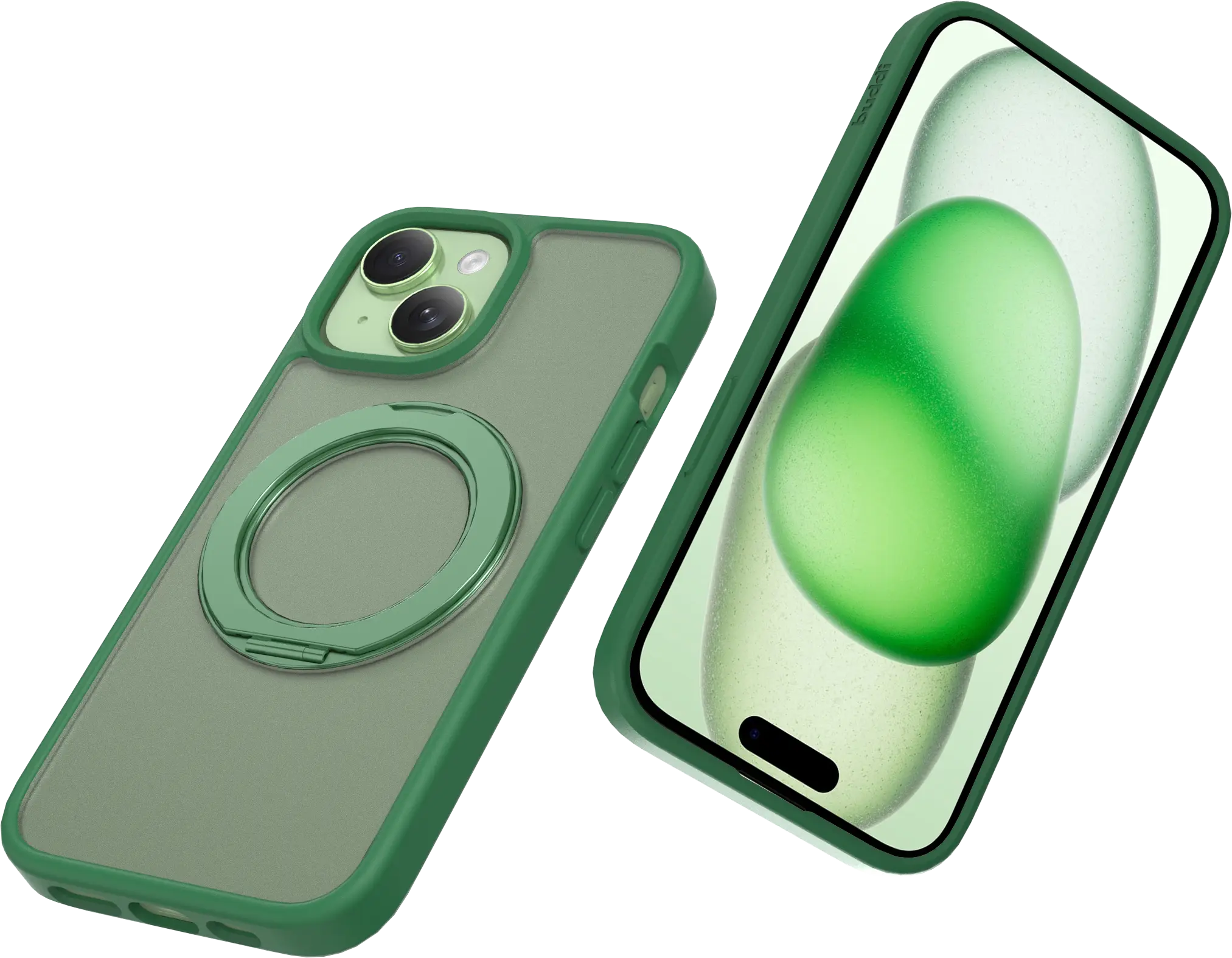 Buddi Frost iPhone 17e/16e/15/14/13 Hoesje MagSafe Ring Stand Matte Groen afbeelding 6