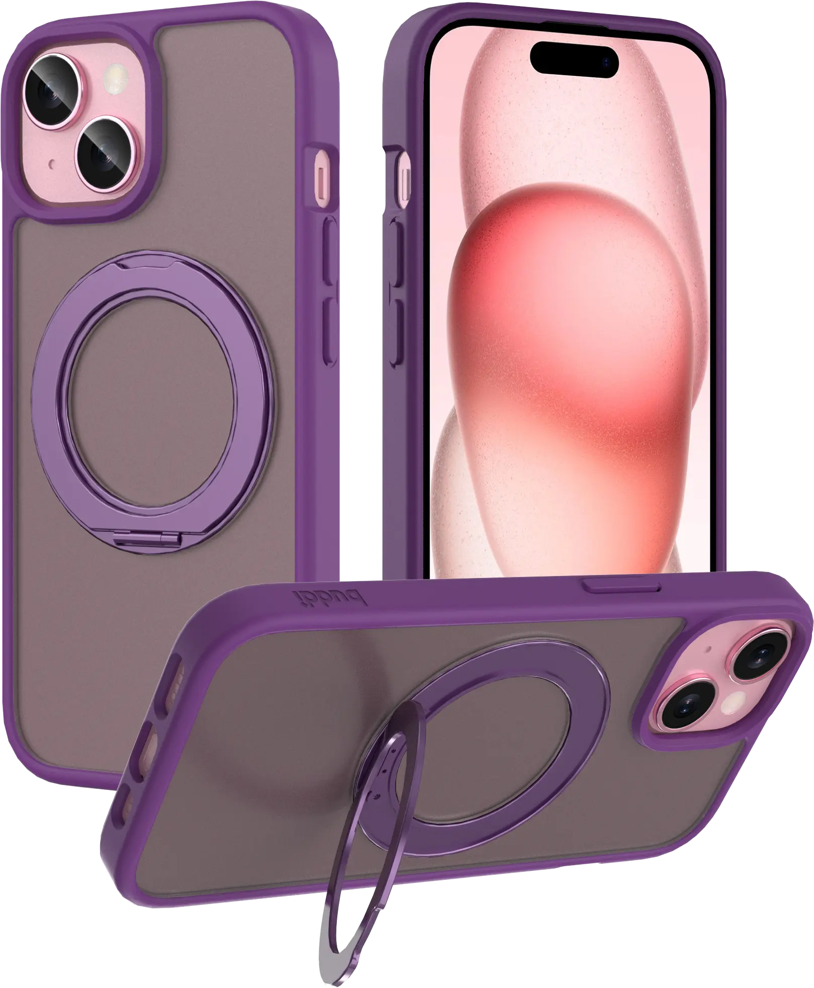Buddi Frost iPhone 17e/16e/15/14/13 Hoesje MagSafe Ring Stand Matte Paars afbeelding 1