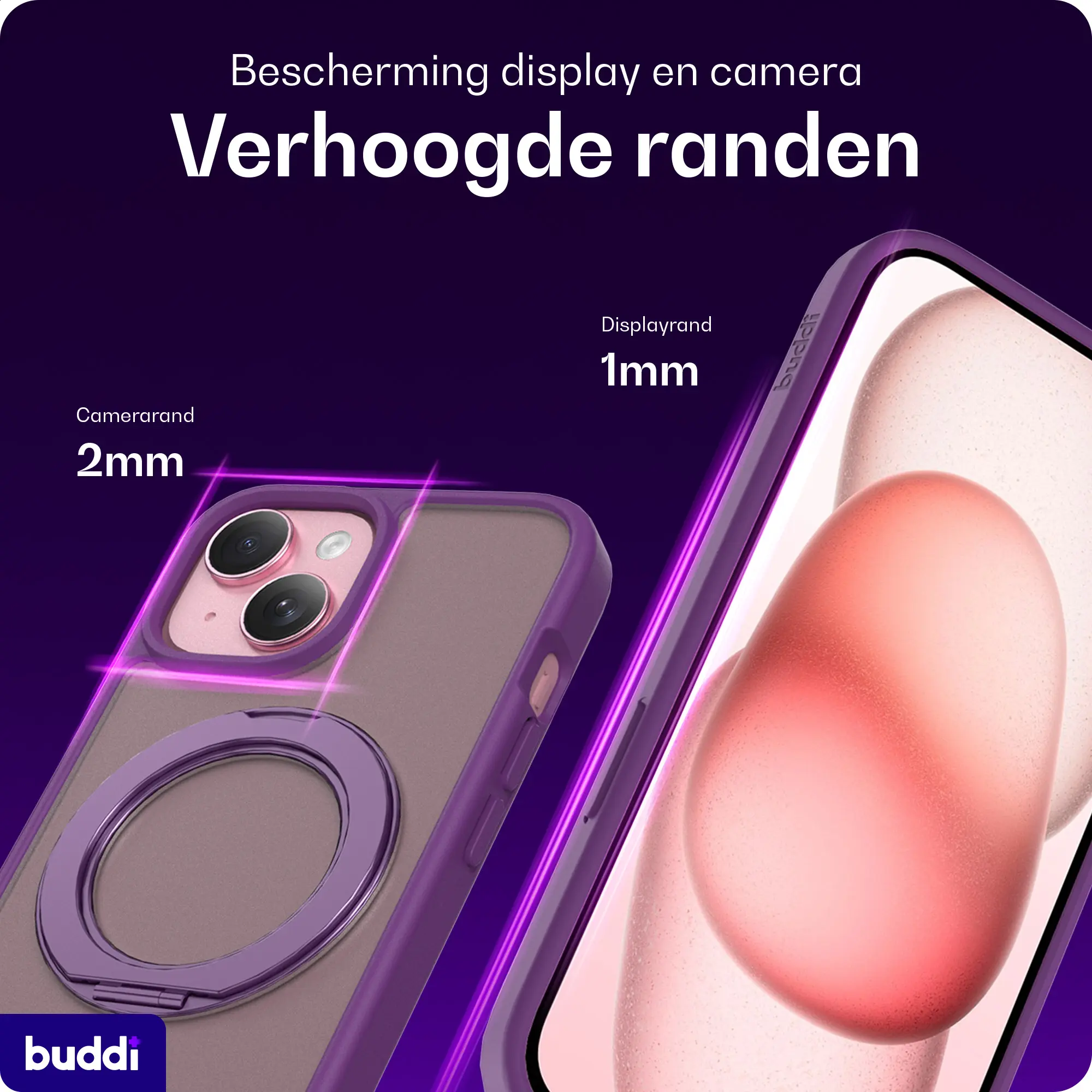 Buddi Frost iPhone 17e/16e/15/14/13 Hoesje MagSafe Ring Stand Matte Paars afbeelding 5