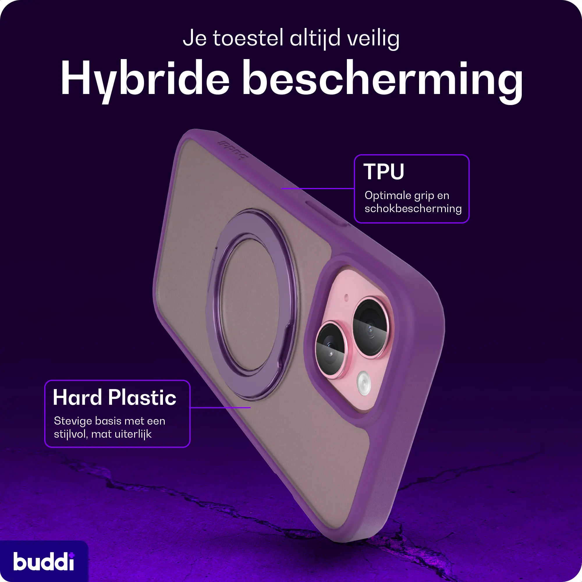 Buddi Frost iPhone 17e/16e/15/14/13 Hoesje MagSafe Ring Stand Matte Paars afbeelding 2