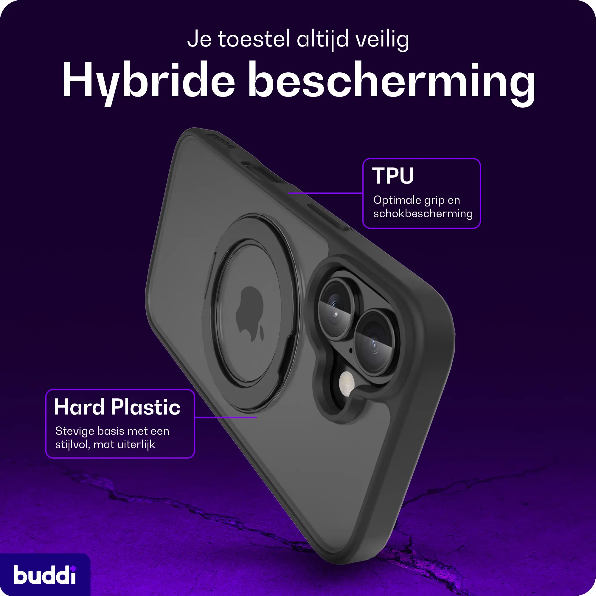 Buddi Frost Apple iPhone 16 Hoesje MagSafe Ring Stand Matte Zwart afbeelding 3