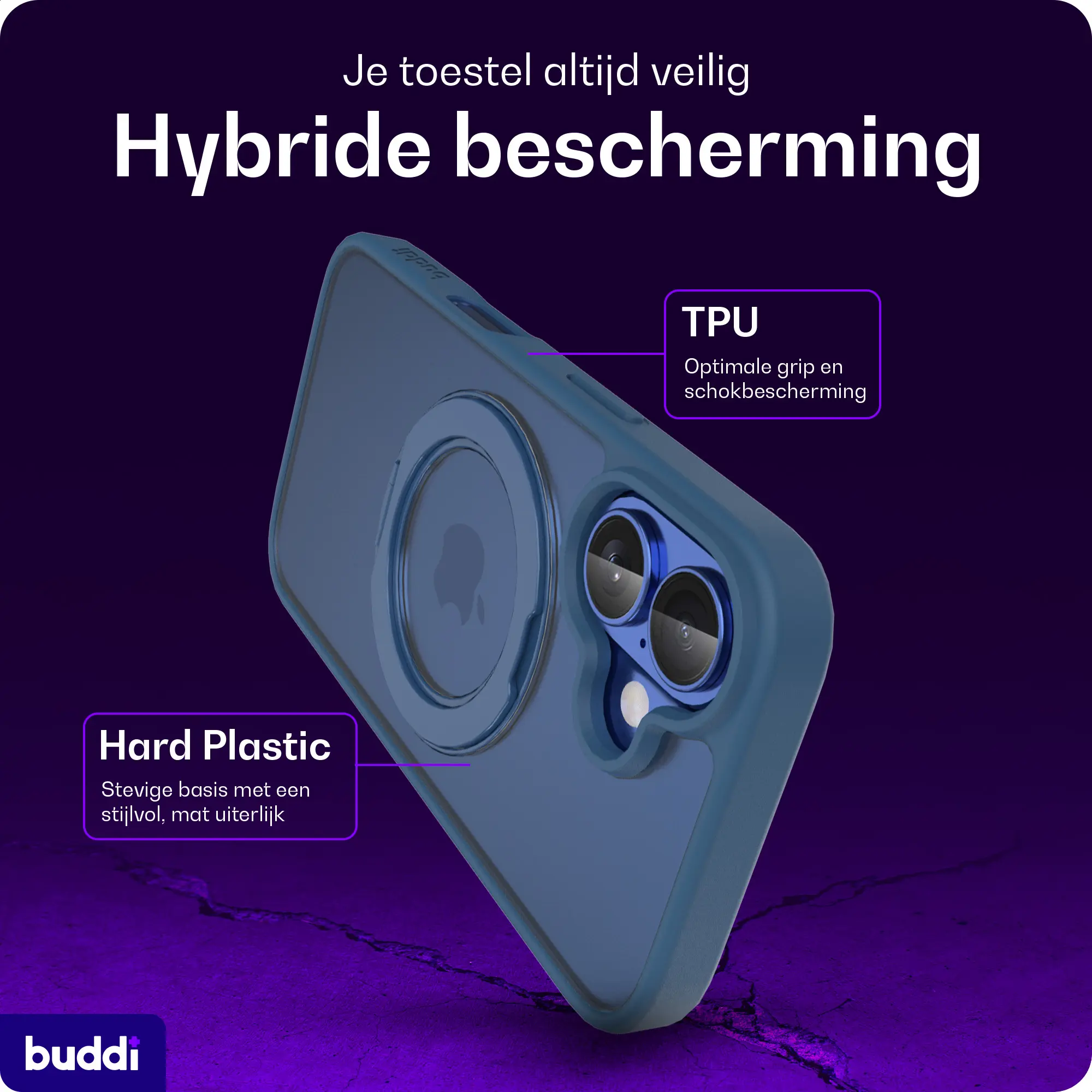Buddi Frost Apple iPhone 16 Hoesje MagSafe Ring Stand Matte Donker Blauw afbeelding 3