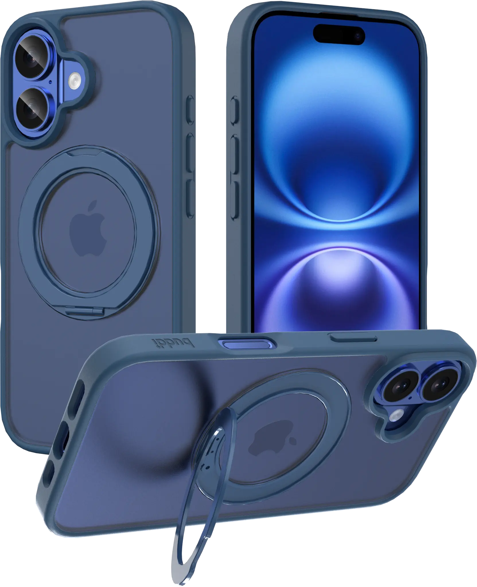 Buddi Frost Apple iPhone 16 Hoesje MagSafe Ring Stand Matte Donker Blauw afbeelding 1