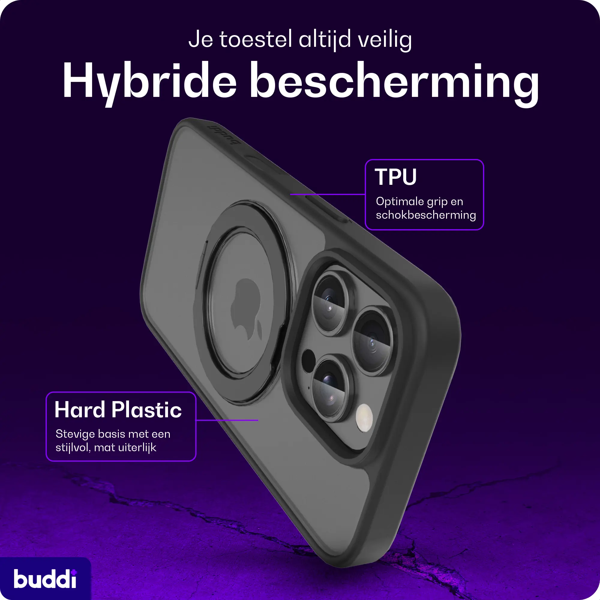 Buddi Frost Apple iPhone 16 Pro Max Hoesje MagSafe Ring Stand Matte Zwart afbeelding 2