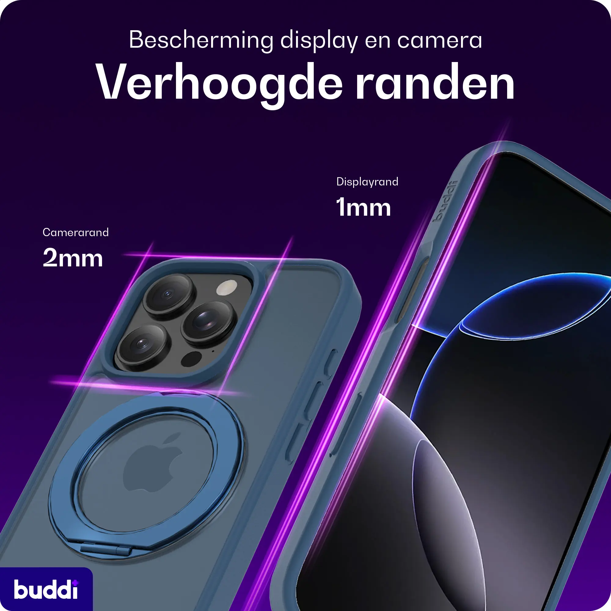 Buddi Frost Apple iPhone 16 Pro Max Hoesje MagSafe Ring Stand Matte Donker Blauw afbeelding 5