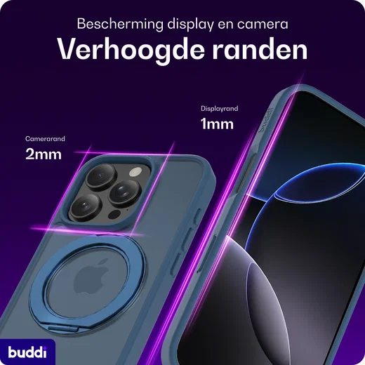 Buddi Frost Apple iPhone 16 Pro Max Hoesje MagSafe Ring Stand Matte Donker Blauw afbeelding 5