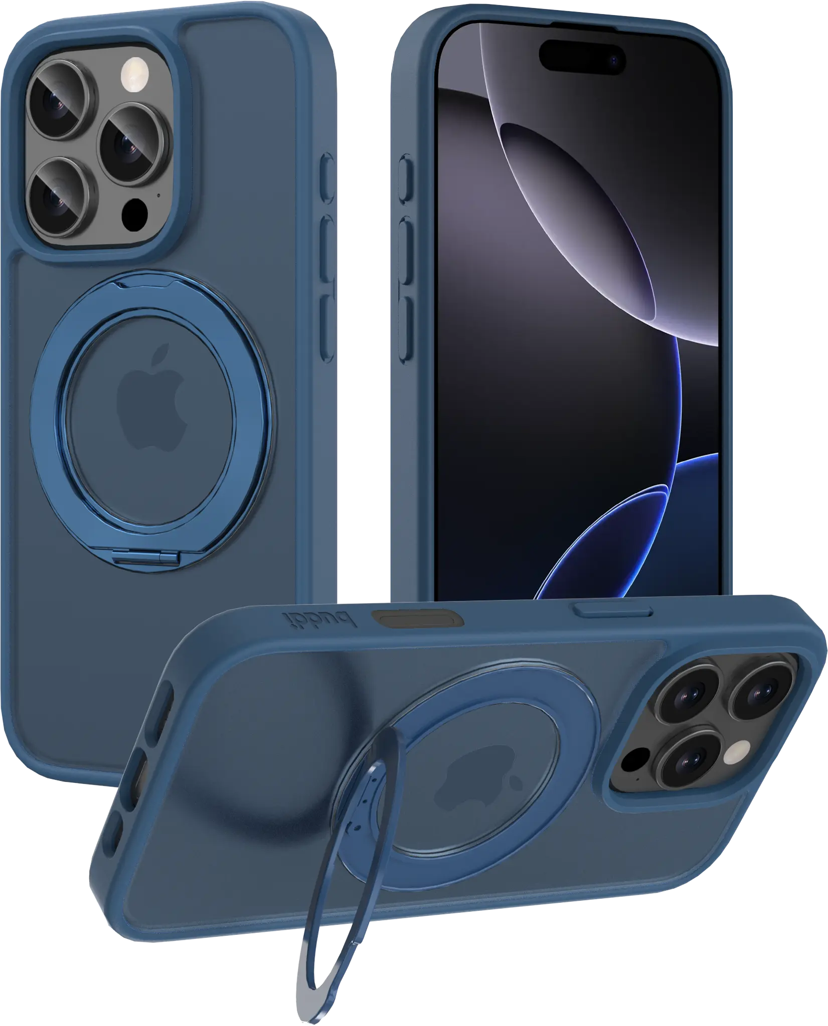Buddi Frost Apple iPhone 16 Pro Max Hoesje MagSafe Ring Stand Matte Donker Blauw afbeelding 1