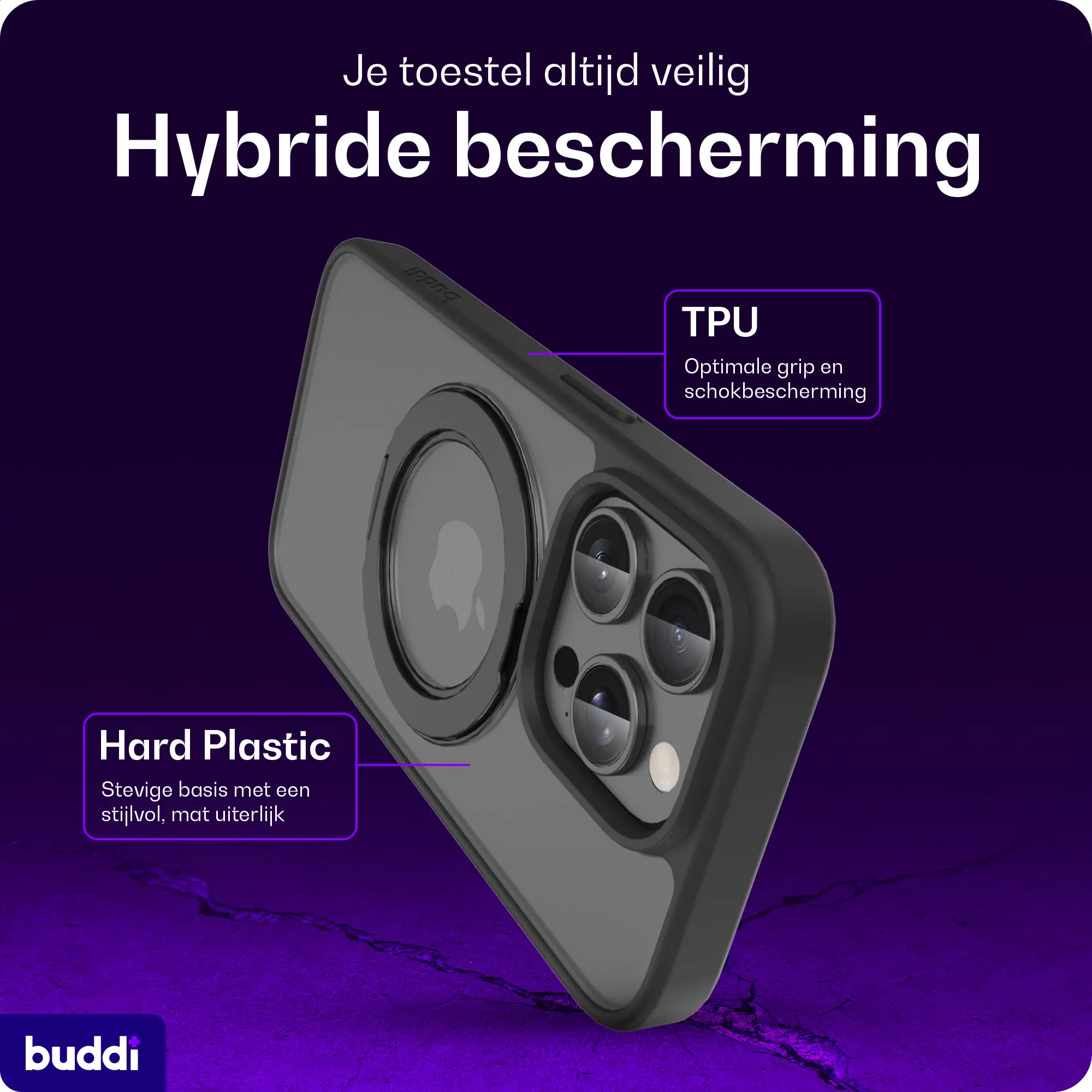 Buddi Frost Apple iPhone 15 Pro Hoesje MagSafe Ring Stand Matte Zwart afbeelding 3