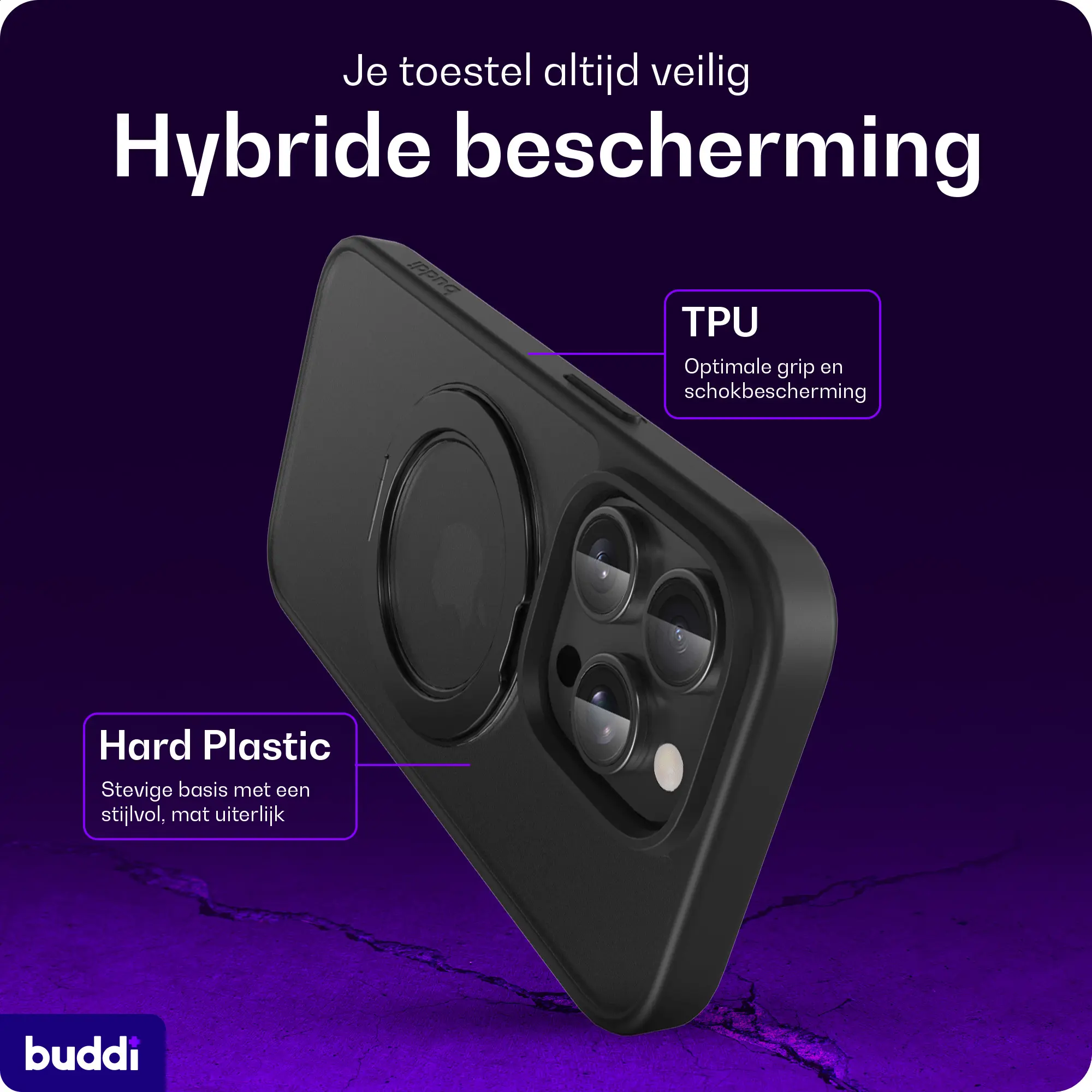 Buddi Frost Apple iPhone 14 Pro Max Hoesje MagSafe Ring Stand Matte Zwart afbeelding 3