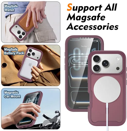 Apple iPhone 18 Pro Hoesje Full Protect 360° Cover met MagSafe Matte Burgundy afbeelding 8