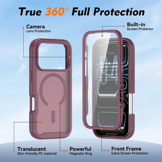 Apple iPhone 18 Pro Hoesje Full Protect 360° Cover met MagSafe Matte Burgundy afbeelding 5