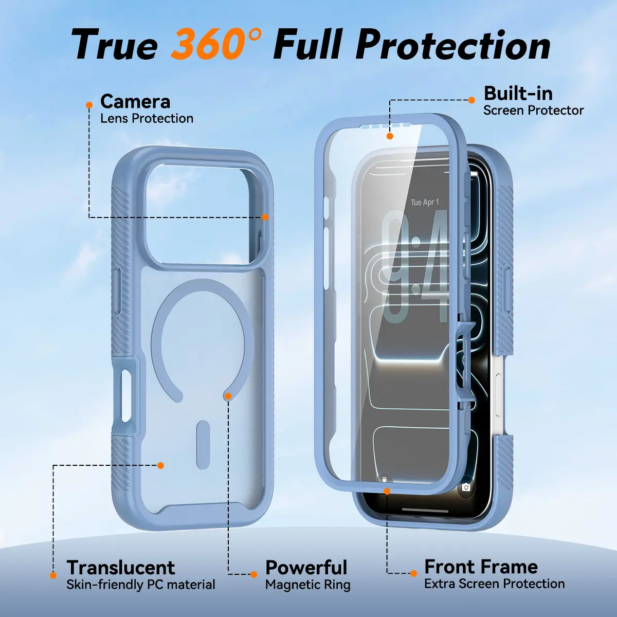 Apple iPhone 18 Pro Hoesje Full Protect 360° Cover met MagSafe Matte Licht Blauw afbeelding 5