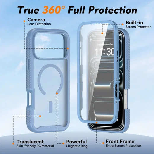 iPhone 18 Pro Max Hoesje Full Protect 360° Cover met MagSafe Matte Licht Blauw afbeelding 5