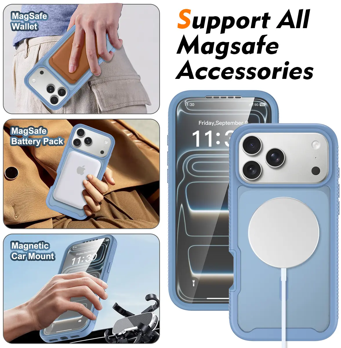 iPhone 18 Pro Max Hoesje Full Protect 360° Cover met MagSafe Matte Licht Blauw afbeelding 8