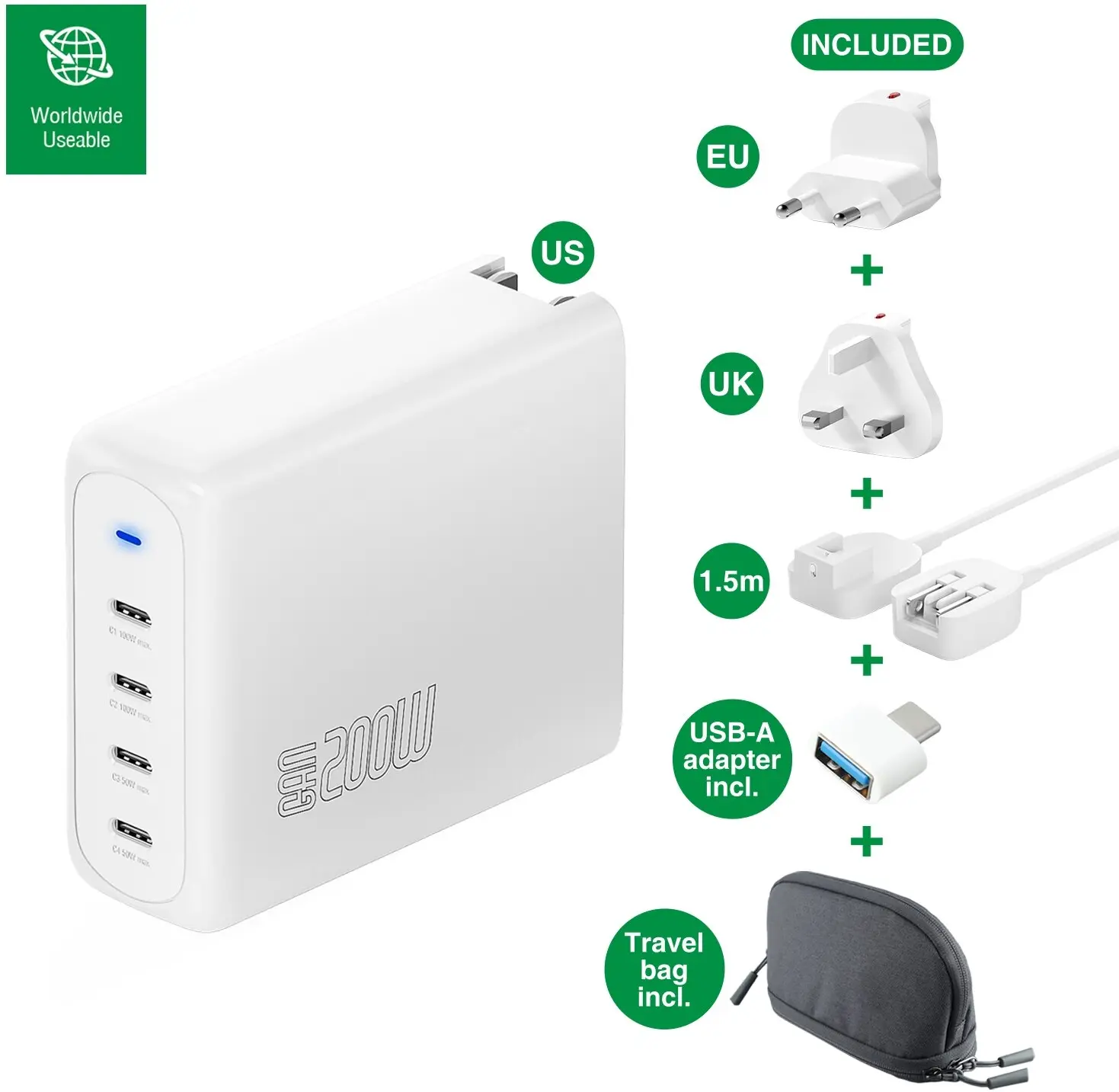 4smarts GaN Flex Pro 200W PD Oplader met Wereldstekker en 4 USB-C Poorten Wit afbeelding 9