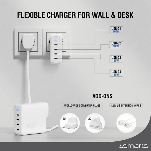 4smarts GaN Flex Pro 200W PD Oplader met Wereldstekker en 4 USB-C Poorten Wit afbeelding 2