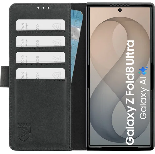 Rosso Deluxe Samsung Galaxy Z Fold 8 Ultra Hoesje Echt Leer Book Case Zwart afbeelding 1