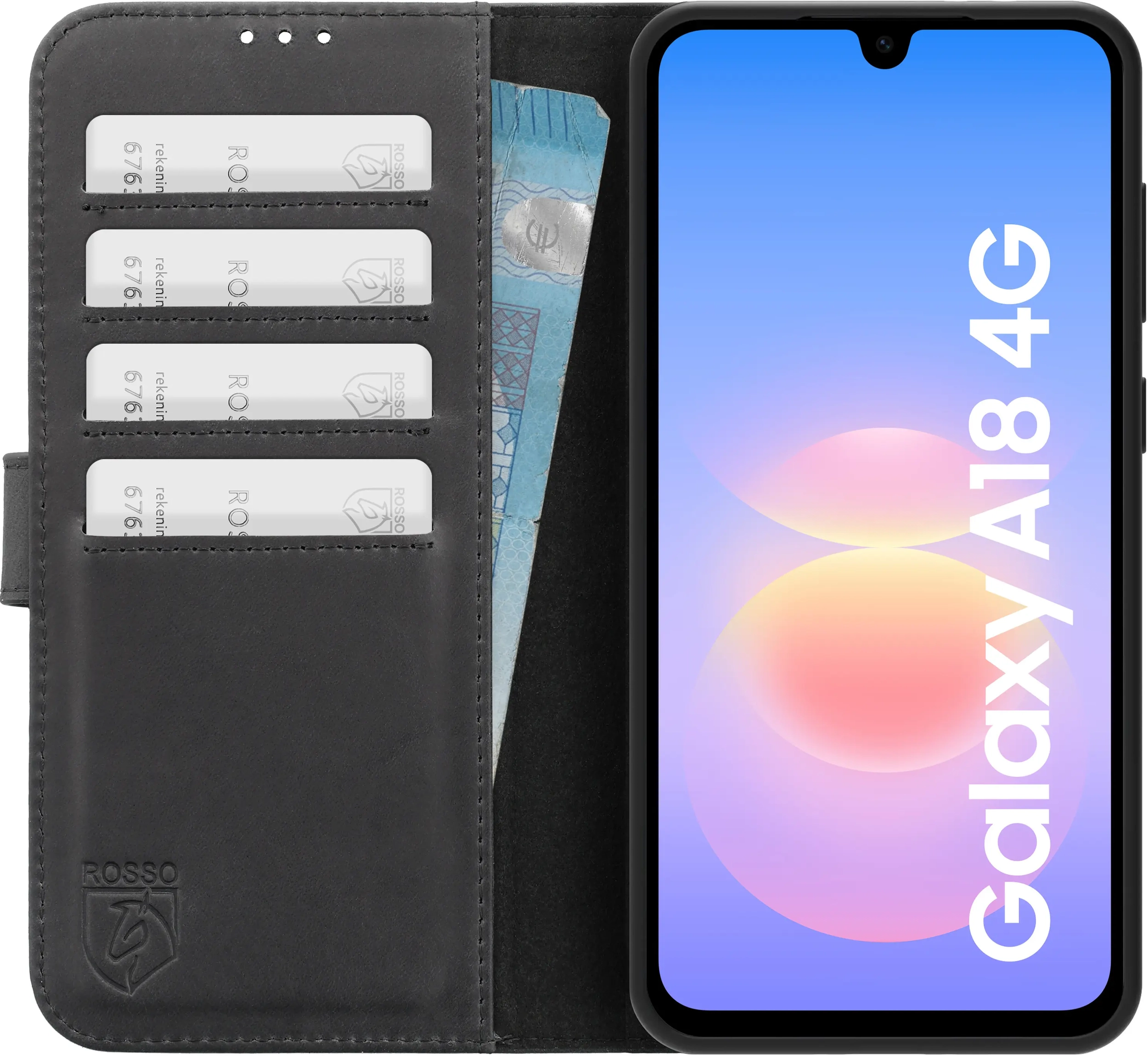 Rosso Deluxe Samsung Galaxy A18 Hoesje Echt Leer Book Case Zwart afbeelding 1