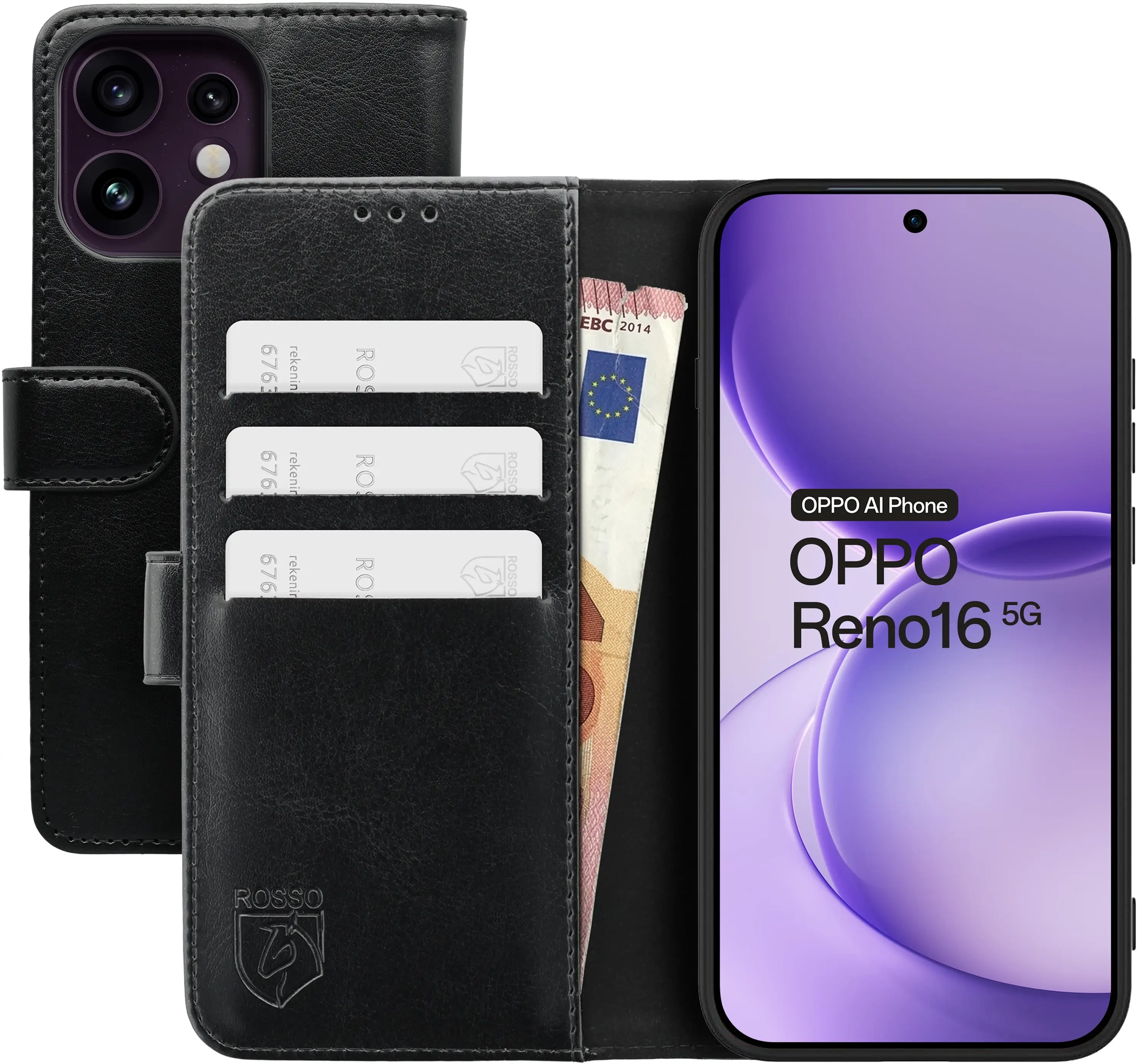 Rosso Element Oppo Reno 16 Hoesje Book Case Wallet Zwart afbeelding 1