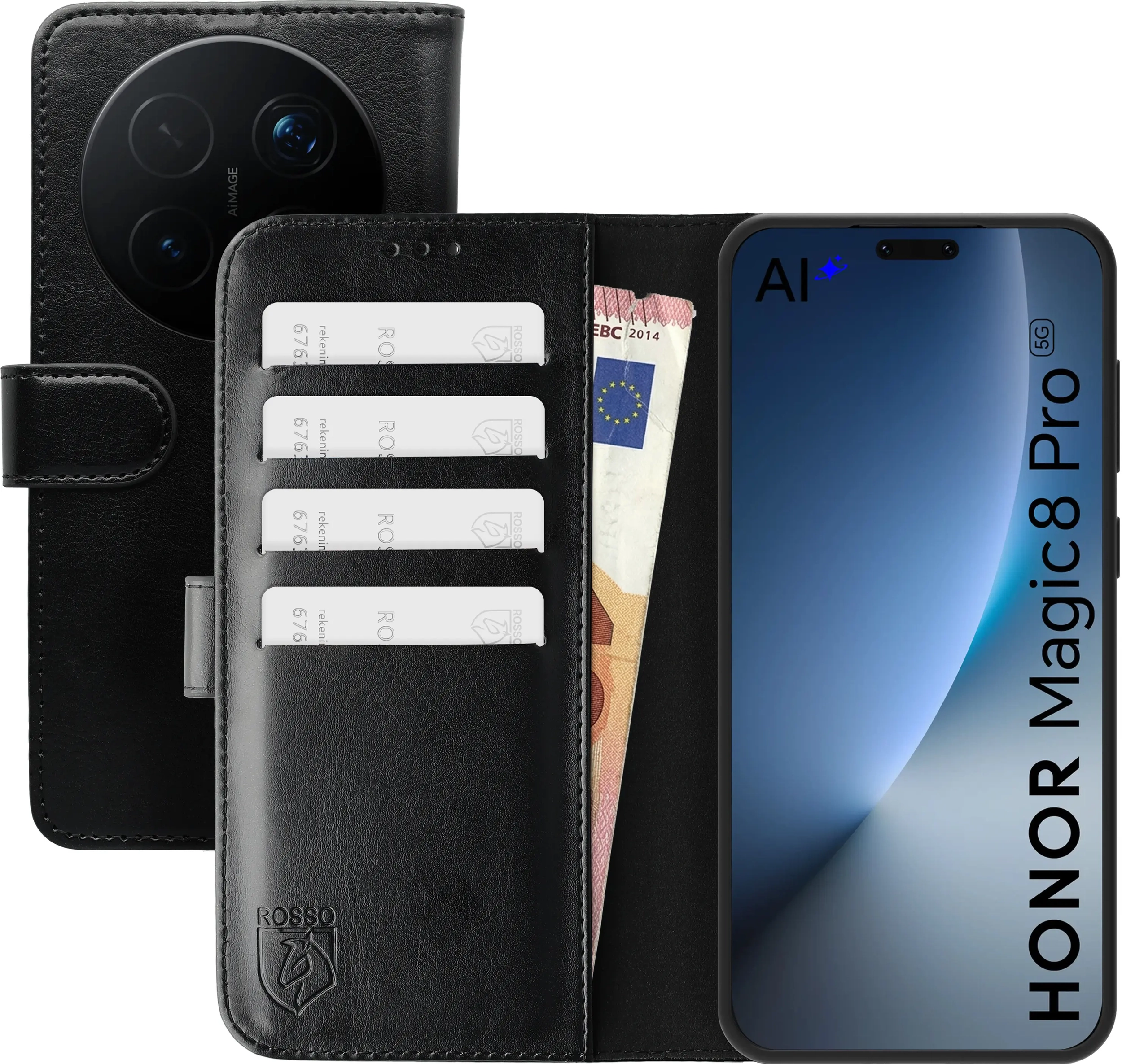 Rosso Element Honor Magic 8 Pro Hoesje Book Case Wallet Zwart afbeelding 1