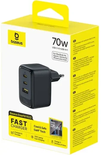 Baseus EnerFill FE22 GaN Snellader 70W 2x USB-C + USB-A Oplader Zwart afbeelding 4