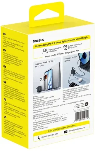 Baseus EnerFill FE22 GaN Snellader 70W 2x USB-C + USB-A Oplader Zwart afbeelding 5