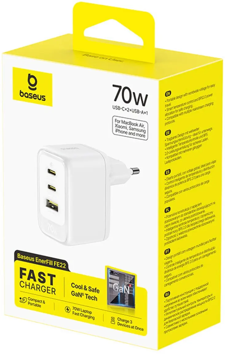 Baseus EnerFill FE22 GaN Snellader 70W 2x USB-C + USB-A  USB Oplader wit afbeelding 6