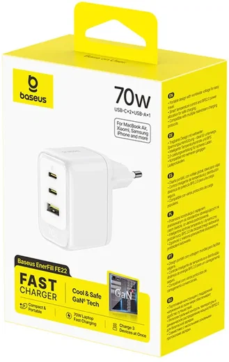 Baseus EnerFill FE22 GaN Snellader 70W 2x USB-C + USB-A  USB Oplader wit afbeelding 6