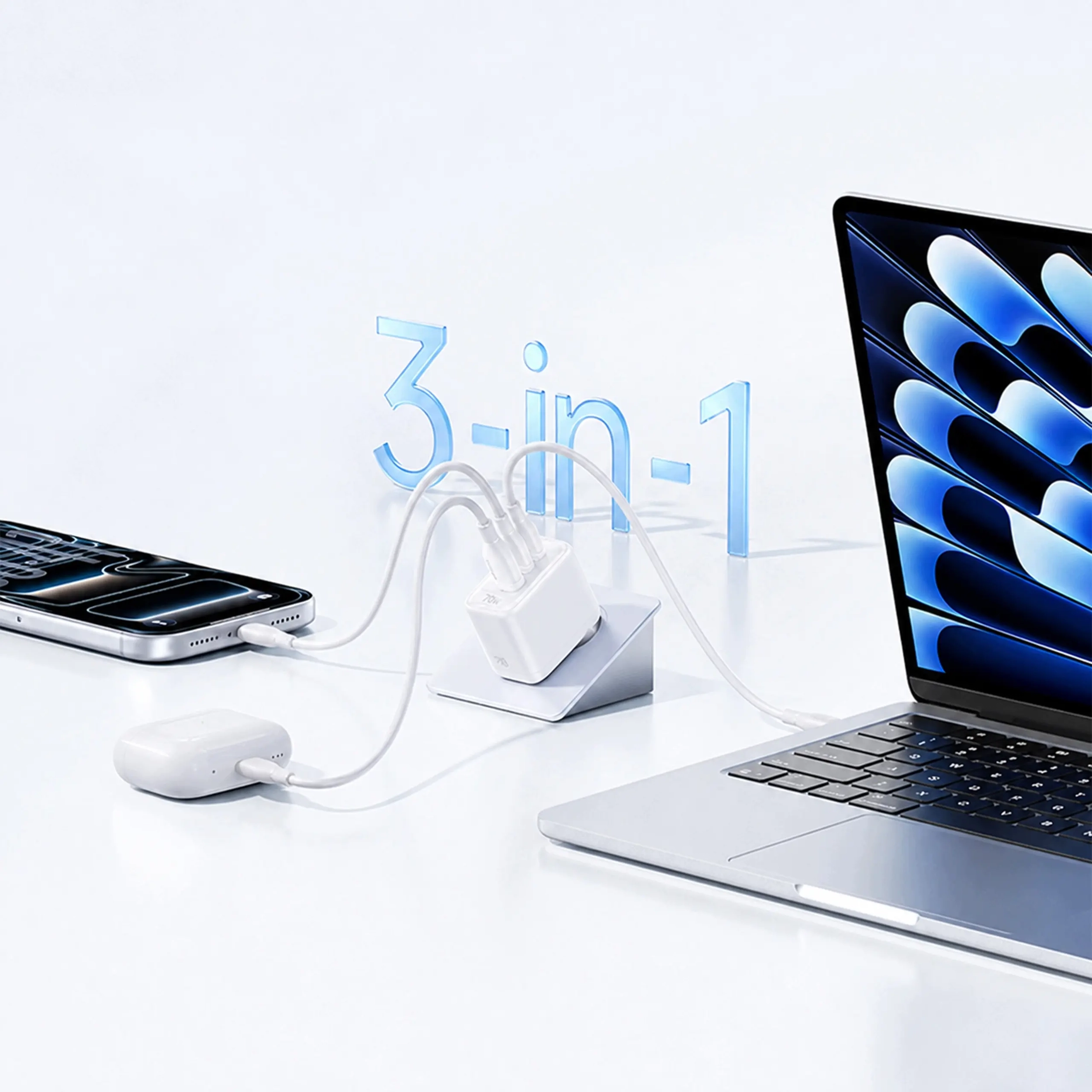 Baseus EnerFill FE22 GaN Snellader 70W 2x USB-C + USB-A  USB Oplader wit afbeelding 2
