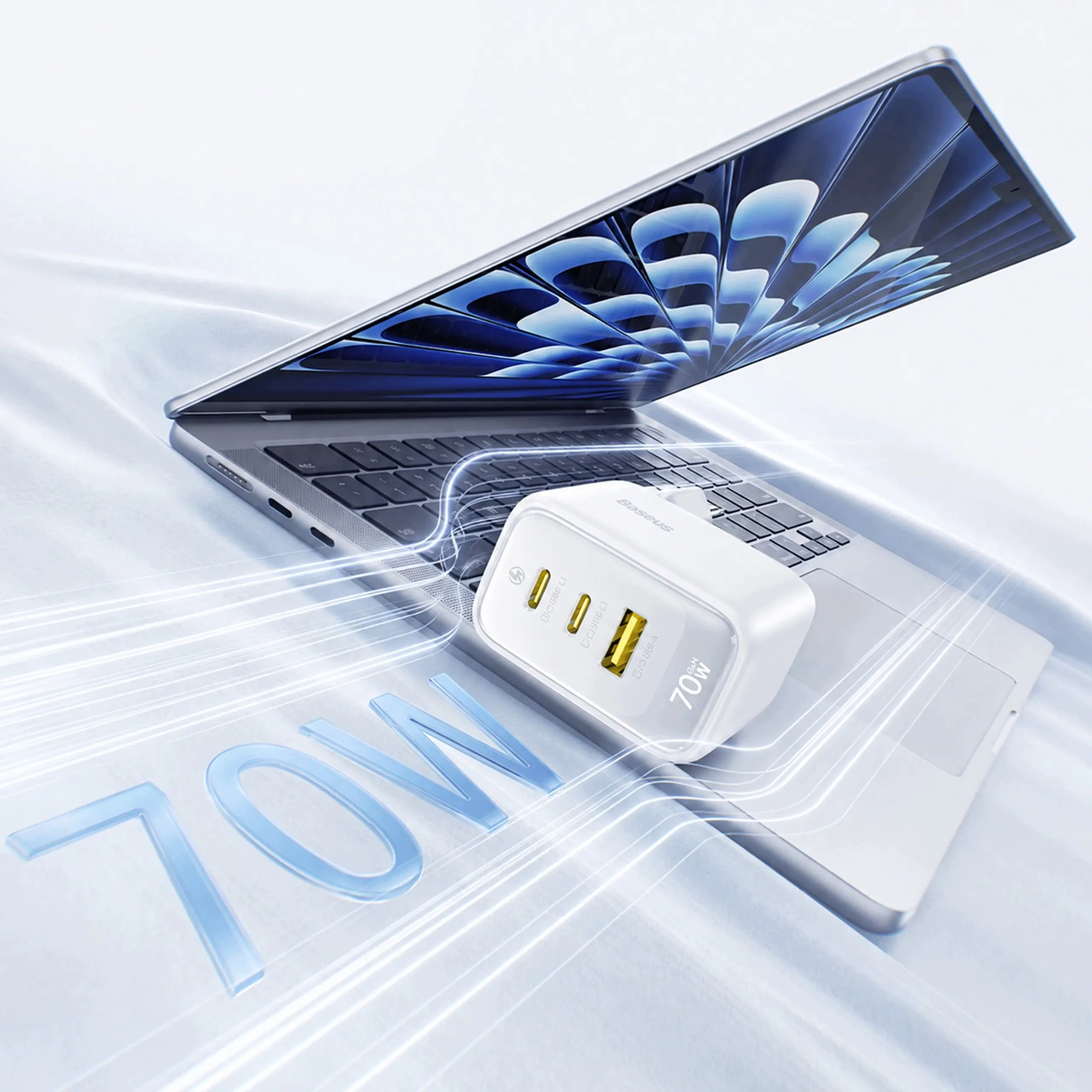 Baseus EnerFill FE22 GaN Snellader 70W 2x USB-C + USB-A  USB Oplader wit afbeelding 4