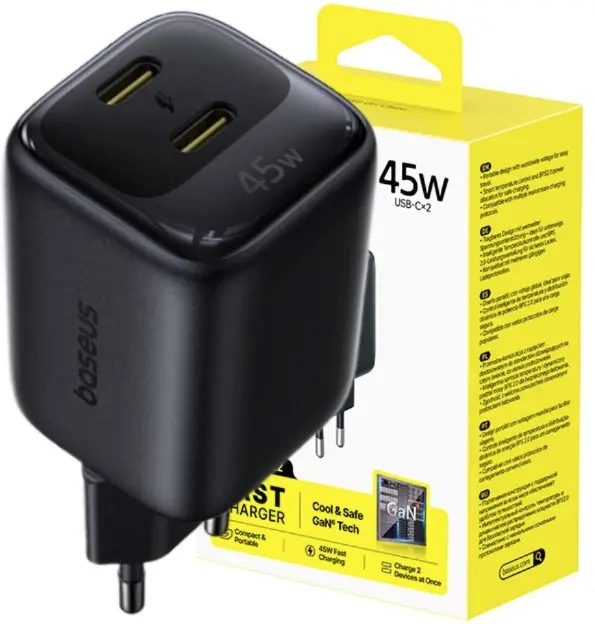 Baseus EnerFill FE22 45W GaN Dual USB-C Fast Charge Adapter Zwart afbeelding 8