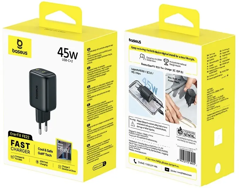 Baseus EnerFill FE22 45W GaN Dual USB-C Fast Charge Adapter Zwart afbeelding 9