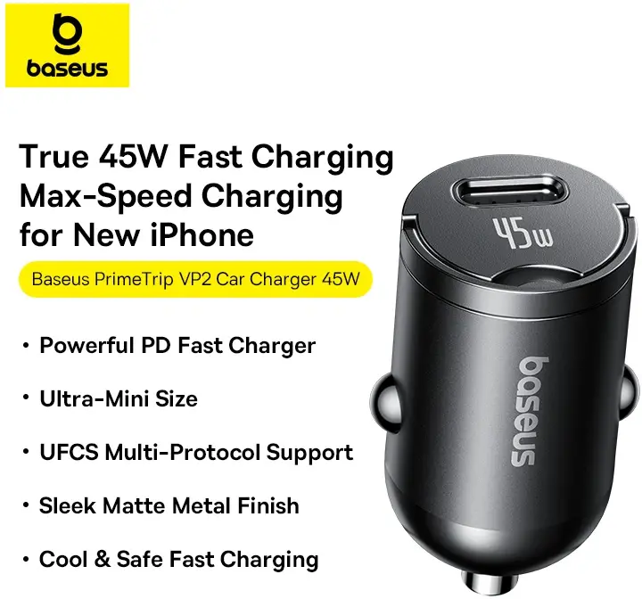 Baseus PrimeTrip VP2 45W USB-C Autolader met USB-C Kabel 1 Meter Zwart afbeelding 2