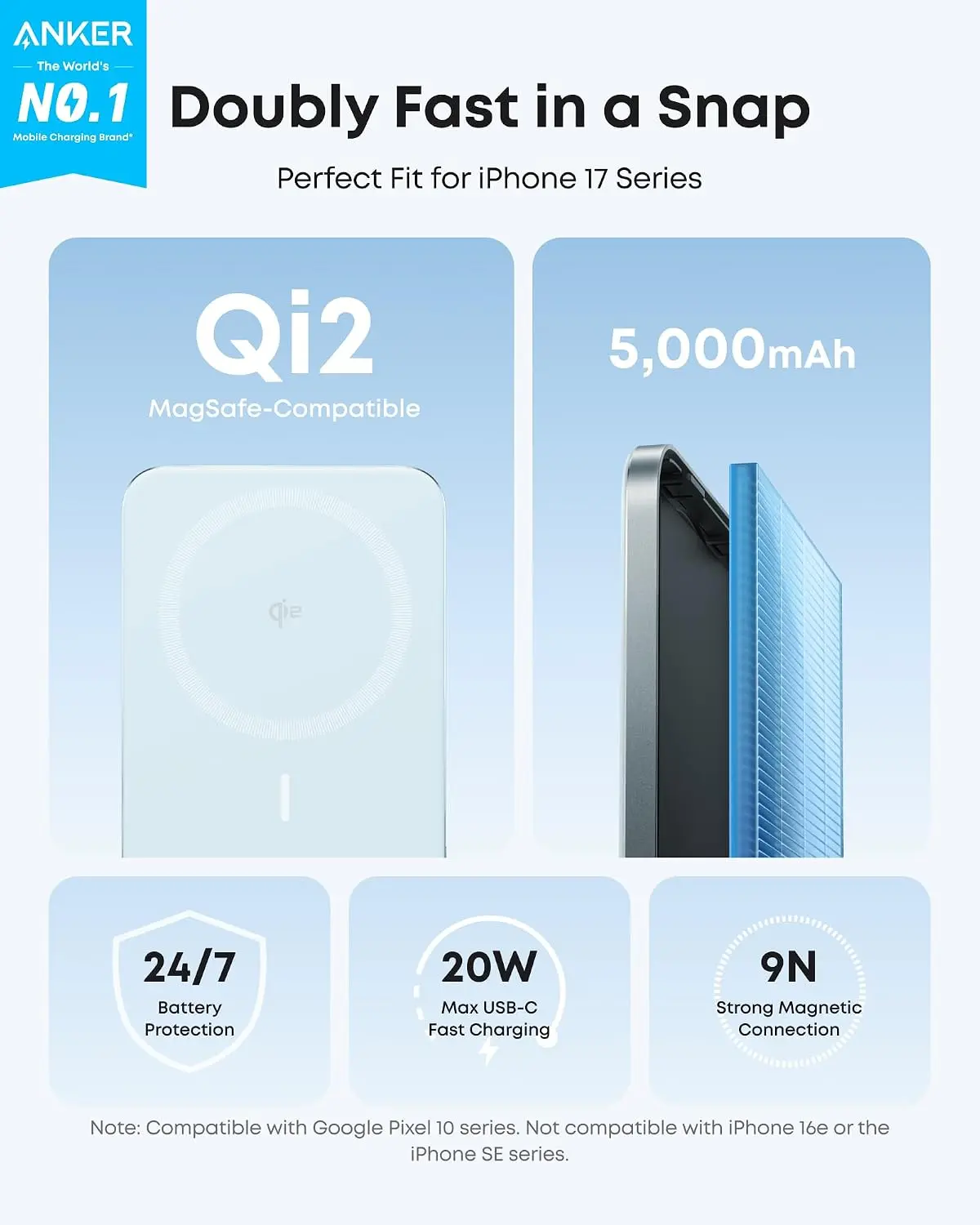 Anker Nano 5.000 mAh MagGo Draadloze MagSafe / Qi2 Powerbank Reisformaat Blauw afbeelding 2