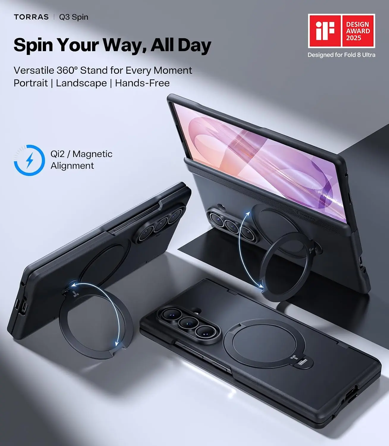 TORRAS Ostand Spin Samsung Galaxy Z Fold 8 Ultra Hoesje 360° MagSafe Stand Zwart afbeelding 3