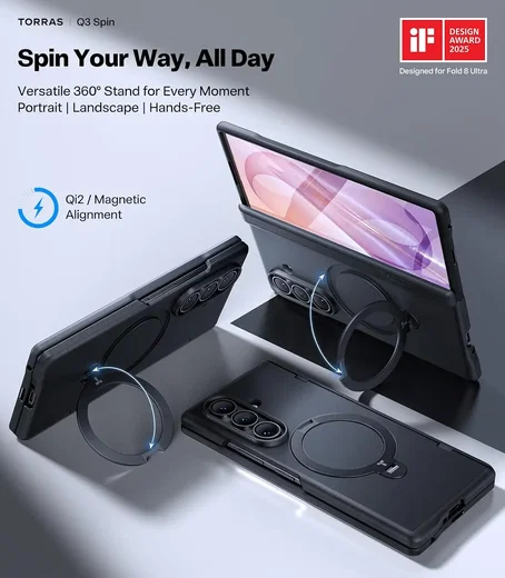 TORRAS Ostand Spin Samsung Galaxy Z Fold 8 Ultra Hoesje 360° MagSafe Stand Zwart afbeelding 3