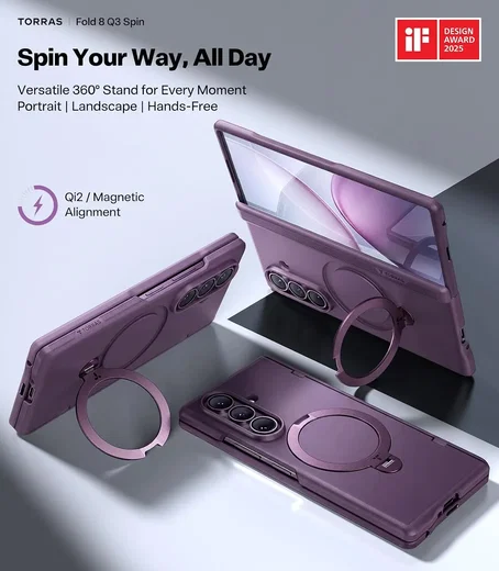 TORRAS Ostand Spin Samsung Galaxy Z Fold 8 Ultra Hoesje 360° MagSafe Stand Paars afbeelding 5